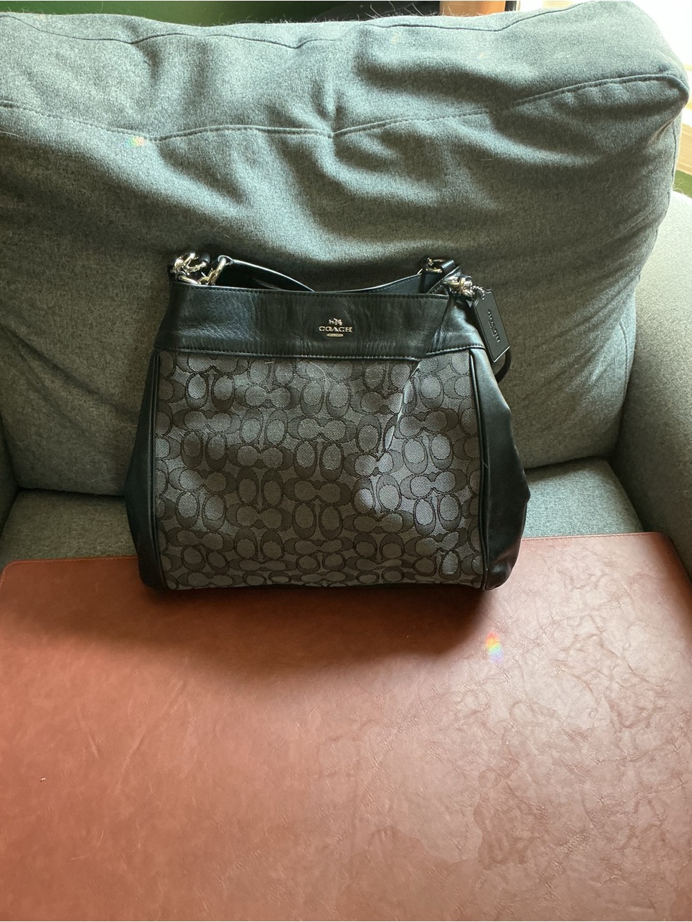 Coach Black Signature Jacquard & Leather Tote Shoulder Bag EUC